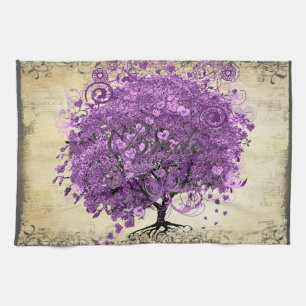 Radiant Purple Heart Leaf Tree Wedding Tea Towel