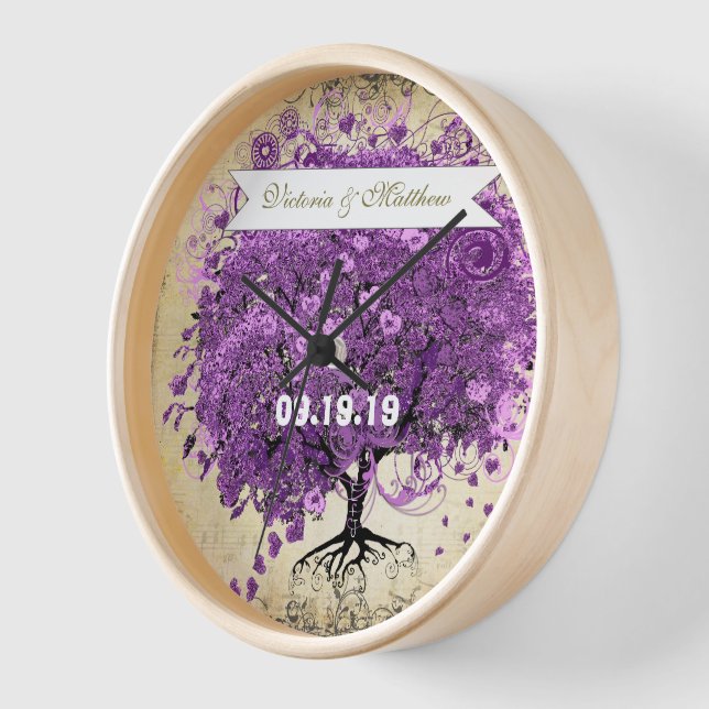 Radiant Purple Heart Leaf Tree Wedding Wall Clock (Angle)