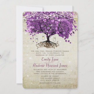 Radiant Purple Mason Jar Firefly Heart Leaf Tree Invitation