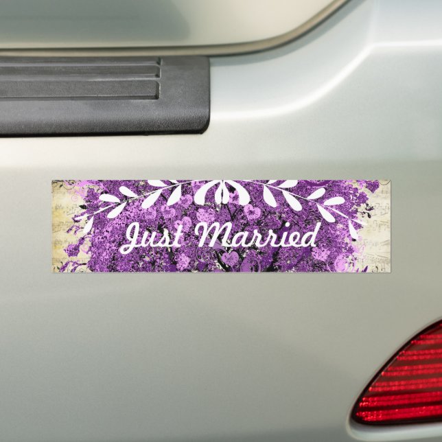 Radiant Purple Romantic Heart Leaf Wedding Bumper Sticker (On Car)