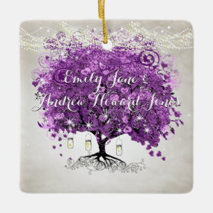 Radiant Purple Romantic Heart Leaf Wedding Ceramic Ornament