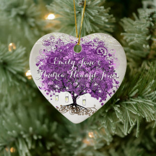 Radiant Purple Romantic Heart Leaf Wedding Ceramic Tree Decoration