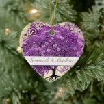 Radiant Purple Romantic Heart Leaf Wedding Ceramic Tree Decoration<br><div class="desc">First 1st Christmas Radiant Orchid Heart Leaf Tree Wedding Your Photo</div>