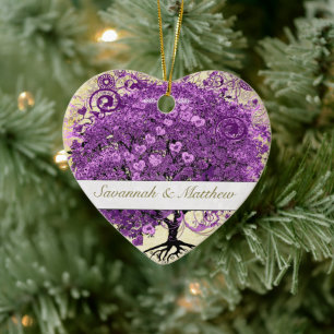 Radiant Purple Romantic Heart Leaf Wedding Ceramic Tree Decoration