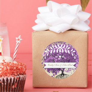 Radiant Purple Romantic Heart Leaf Wedding Classic Round Sticker