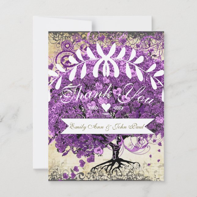 Radiant Purple Romantic Heart Leaf Wedding Thank You Card (Front)