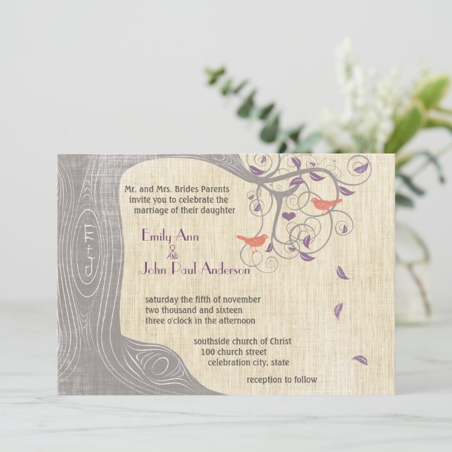 Radiant Purple Tree Coral Birds Wedding Invitation (Standing Front)