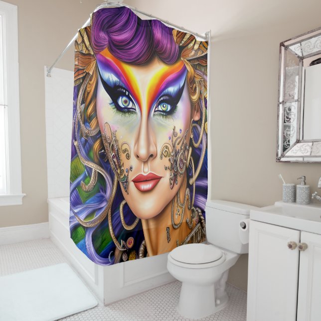 Radiant Rainbow-Filled Drag Queen Artwork Design Shower Curtain (In Situ)