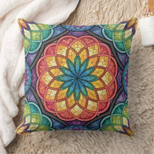 Radiant Rainbow Mandala Mosaic – Stained Glass Cushion