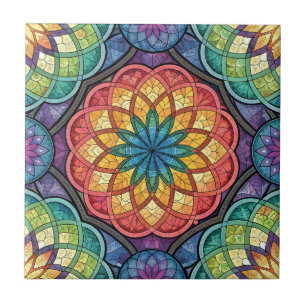 Radiant Rainbow Mandala Mosaic – Stained Glass Tile