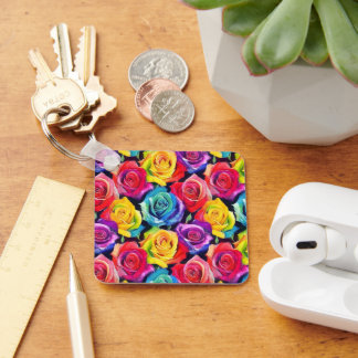 Radiant rainbow roses, floral pattern key ring