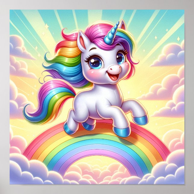 Radiant Rainbow Unicorn - Fantasy Nursery Kids Poster (Front)