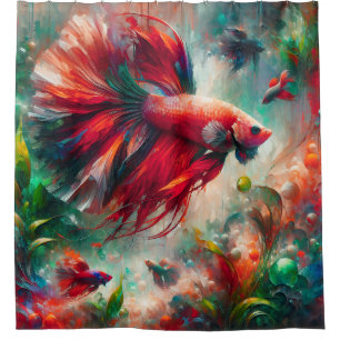 “Radiant Red and Green Betta Fish Elegant Art” Shower Curtain