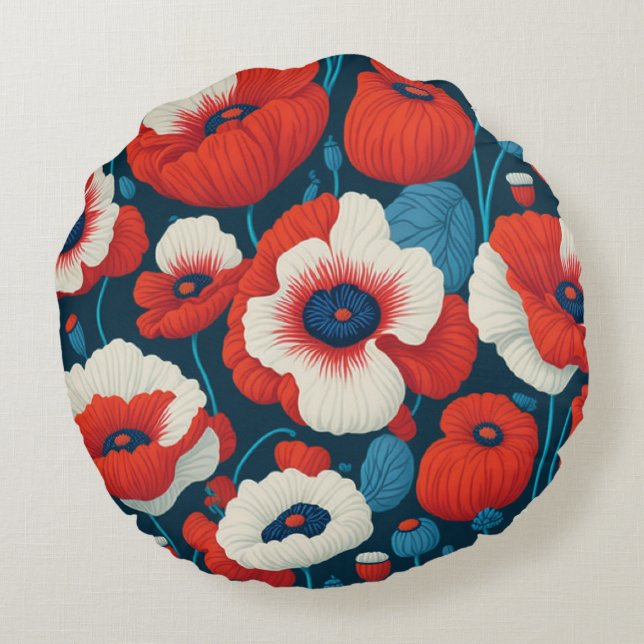 Radiant Red Flowers & Poppies Round Cushion (Back)