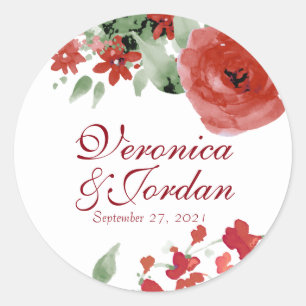 Radiant Red Watercolor Roses Wedding Stickers