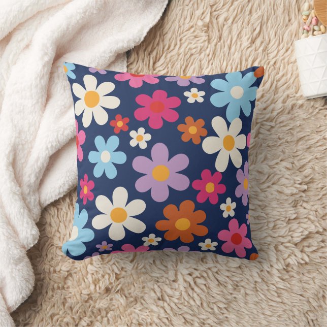 Radiant Retro Flower Blooms Cushion (Blanket)