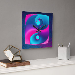 Radiant Spirituality: Vibrant Yin Yang Pink & Blue Square Wall Clock