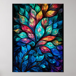 Radiant Stained Glass Leaves in Vibrant Jewel Tone Poster