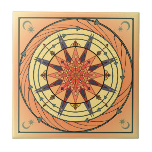 Radiant Sun Vintage Art Mandala Ceramic Tile