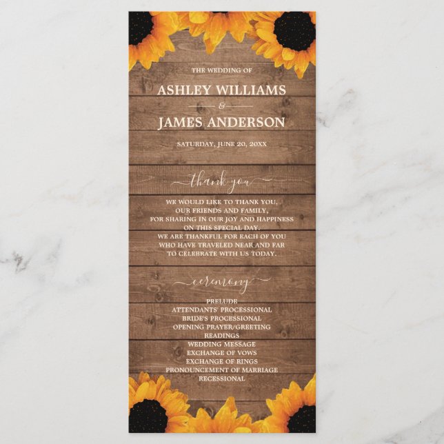 Radiant Sunflower Rustic Wood Wedding Programme (Front)