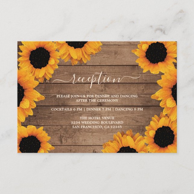 Radiant Sunflower Rustic Wood Wedding Reception Enclosure Card (Front)
