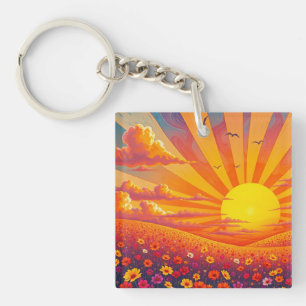 Radiant Sunset Over Whimsical Landscape Key Ring