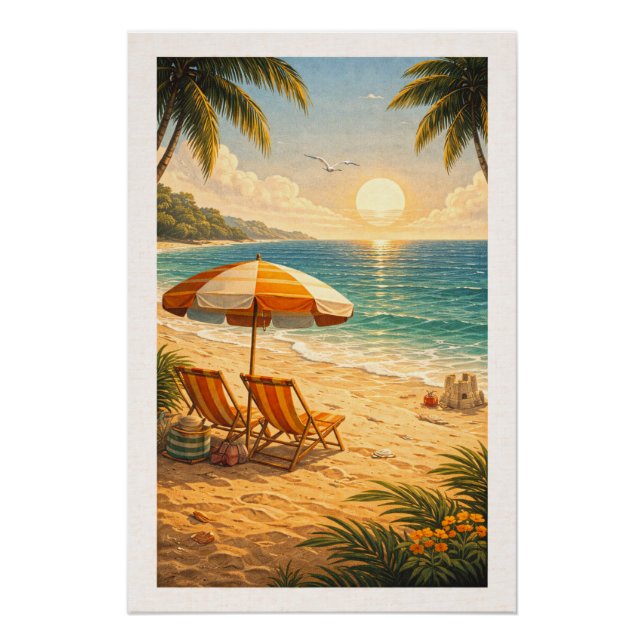 Radiant Tropical Beach Sunset Retro Vacation  Poster (Front)