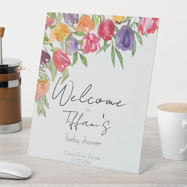 Radiant Tulips Vibrant Floral Baby Shower Pedestal Sign (In SItu)