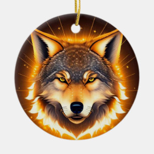 Radiant Wolf Face Illuminated by Golden Light Ceramic Tree Decoration