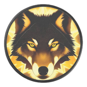 Radiant Wolf Face Illuminated by Golden Light Hockey Puck