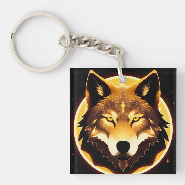 Radiant Wolf Face Illuminated by Golden Light Key Ring (Front)