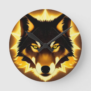 Radiant Wolf Face Illuminated by Golden Light Round Clock