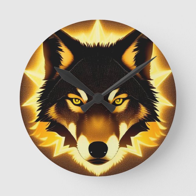 Radiant Wolf Face Illuminated by Golden Light Round Clock (Front)