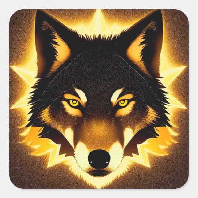 Radiant Wolf Face Illuminated by Golden Light Square Sticker (Front)