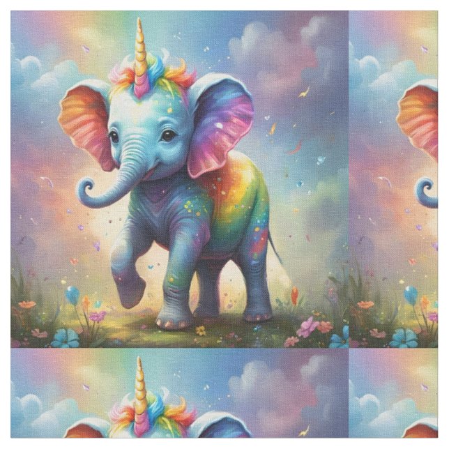 Radiant Wonders: The Rainbow Baby Unicorn Elephant Fabric (Close Up)