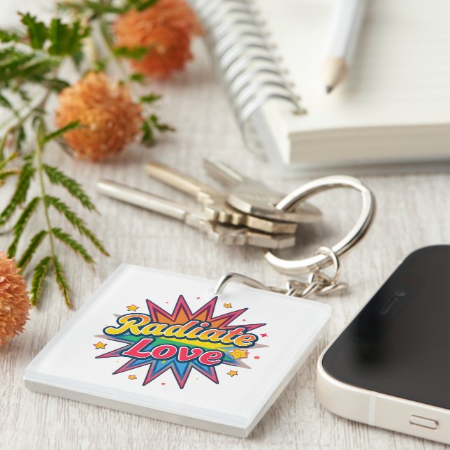 Radiate Love Retro Design – Positive Vibes  Key Ring (Front Right)
