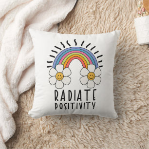 Radiate Positivity   Colourful Rainbow and Flowers Cushion