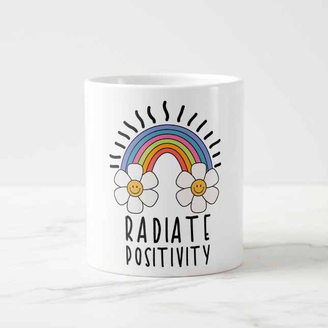 Radiate Positivity | Colourful Rainbow and Flowers Large Coffee Mug (Front)