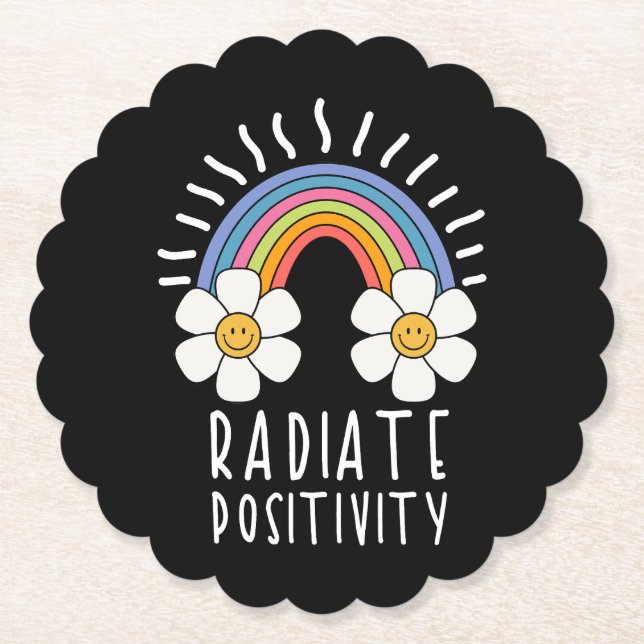 Radiate Positivity | Colourful Rainbow and Flowers Paper Coaster (Front)