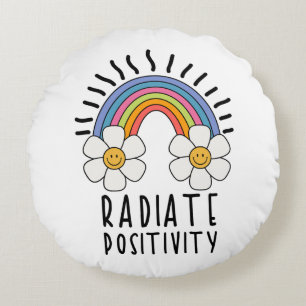 Radiate Positivity   Colourful Rainbow and Flowers Round Cushion