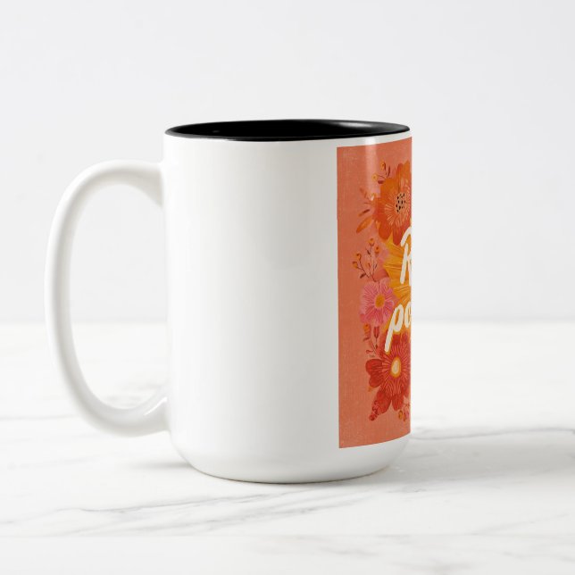 "Radiate Positivity" Retro Sunburst Art | 70s Styl Two-Tone Coffee Mug (Left)