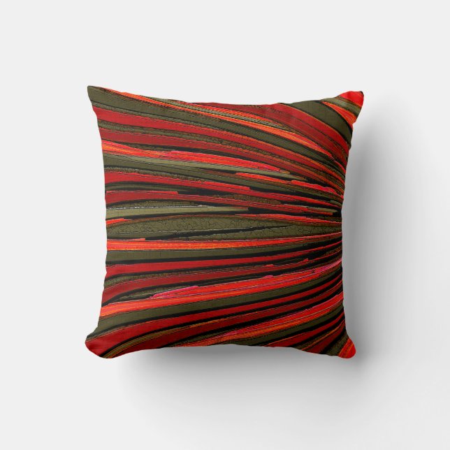 Radiating Rustic Stripes in Tango Red and Olive Cushion (Front)