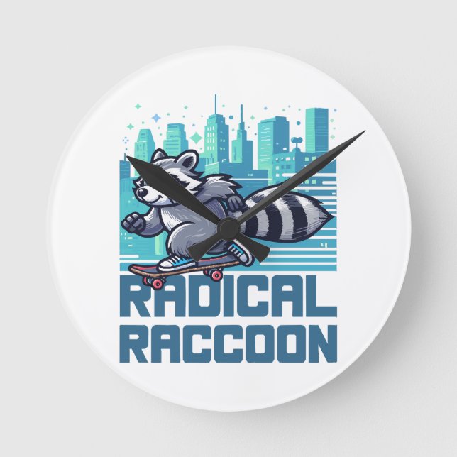 Radical Racoon Urban Skateboarder Round Clock (Front)