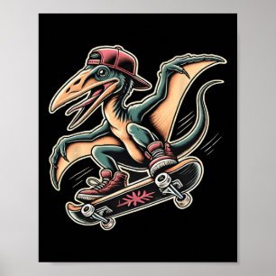 Radical Skateboarding Pterodactyl Dinosaur Cartoon Poster