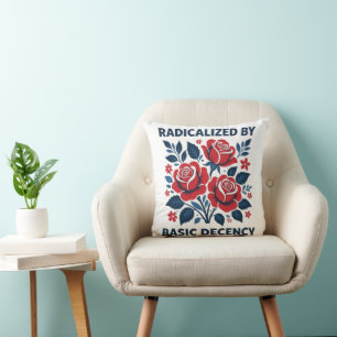 Radicalized by Basic Decency – Red Rose Folk Art Cushion