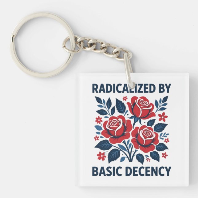 Radicalized by Basic Decency – Red Rose Folk Art Key Ring (Front)