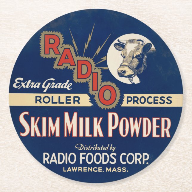 Radio Extra Grade Roller Process Skim Milk Powder. Round Paper Coaster (Front)