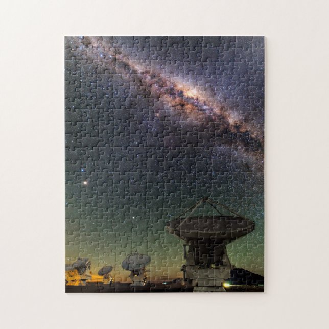 Radio Telescope and the Milky Way above Jigsaw Puzzle (Vertical)