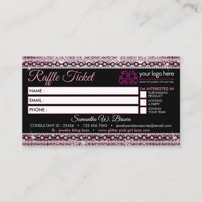 Raffle-Ticket Glitz Pink Jewellery Store Business Card (Front)