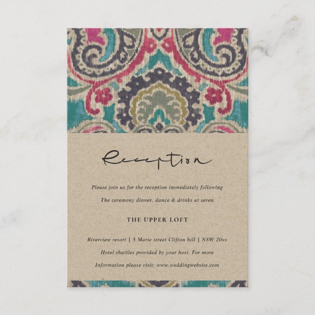 RAFT BOHO TRIBAL IKAT PINK TEAL WEDDING RECEPTION ENCLOSURE CARD (Front)
